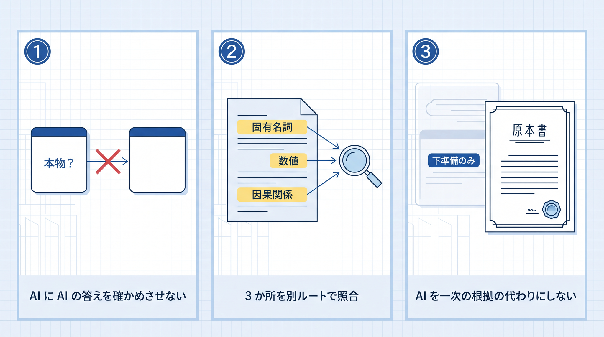 AI に AI を確かめさせない、3 か所を別ルートで照合、AI を一次の根拠の代わりに使わない